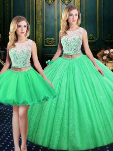 Three Piece Scoop Lace and Sequins Sweet 16 Quinceanera Dress Lace Up Sleeveless Floor Length