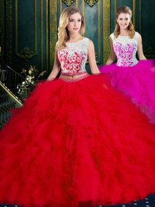 Scoop Sleeveless Tulle Floor Length Zipper Sweet 16 Dresses in Red with Lace and Ruffles