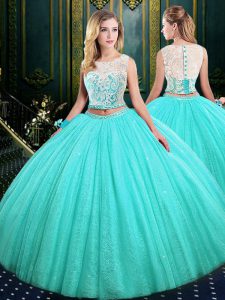 Fashionable Scoop Blue Tulle and Sequined Lace Up Vestidos de Quinceanera Sleeveless Floor Length Lace and Sequins
