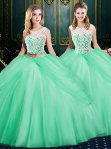 Apple Green Two Pieces Scoop Sleeveless Tulle Floor Length Zipper Lace and Pick Ups Quinceanera Gown