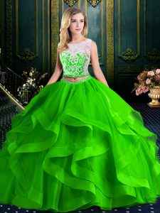 Excellent Scoop Tulle Zipper Quinceanera Gowns Sleeveless With Brush Train Lace and Ruffles