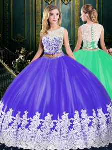 Lovely Scoop Floor Length Purple Sweet 16 Dresses Tulle Sleeveless Lace and Appliques