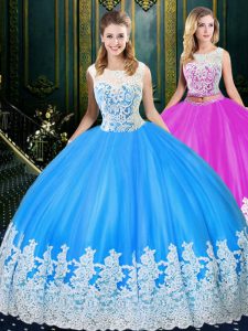 Best Selling Scoop Sleeveless Tulle Sweet 16 Dresses Lace and Appliques Zipper