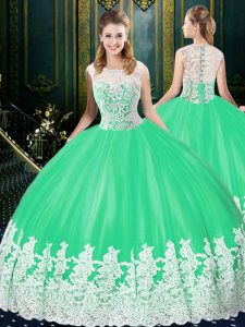 Scoop Apple Green Sleeveless Floor Length Lace and Appliques Zipper 15 Quinceanera Dress