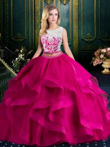 Sumptuous Fuchsia Scoop Neckline Lace and Ruffles Quinceanera Gown Sleeveless Lace Up