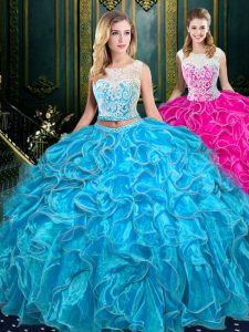 Baby Blue Quinceanera Gown Military Ball and Sweet 16 and Quinceanera and For with Lace and Ruffles Scoop Sleeveless Zipper