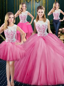 Low Price Four Piece Pick Ups Scoop Sleeveless Zipper Quinceanera Dress Rose Pink Tulle
