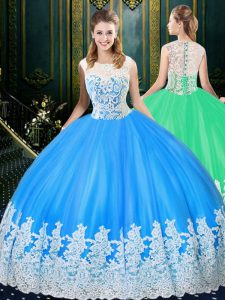 High End Scoop Sleeveless Zipper Floor Length Lace and Appliques Ball Gown Prom Dress