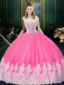 Spectacular Scoop Sleeveless Floor Length Lace and Appliques Zipper Sweet 16 Dresses with Rose Pink