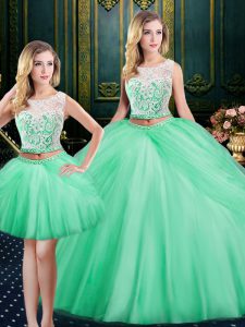 Three Piece Scoop Satin and Tulle Sleeveless Floor Length Sweet 16 Dress and Lace and Pick Ups