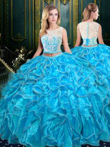 Baby Blue Two Pieces Organza Scoop Sleeveless Lace and Ruffles Floor Length Zipper Sweet 16 Quinceanera Dress