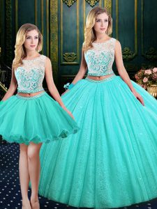 Comfortable Three Piece Scoop Sequins Blue Sleeveless Tulle and Sequined Lace Up Quinceanera Gowns for Military Ball and Sweet 16 and Quinceanera