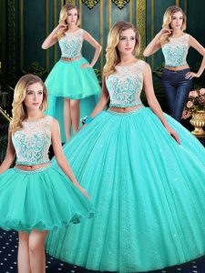 Four Piece Sequins Floor Length Blue Quinceanera Gowns Scoop Sleeveless Lace Up