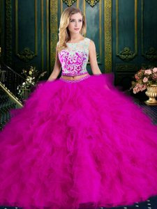 Scoop Fuchsia Ball Gowns Lace and Ruffles Quinceanera Dress Zipper Tulle Sleeveless Floor Length