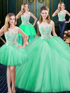 Extravagant Four Piece Scoop Tulle Sleeveless Floor Length Quinceanera Dresses and Lace and Pick Ups