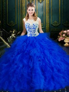 Scoop Sleeveless Floor Length Lace and Ruffles Zipper 15 Quinceanera Dress with Royal Blue