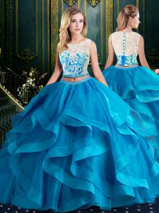 Popular Scoop Lace and Ruffles 15th Birthday Dress Baby Blue Zipper Sleeveless With Brush Train