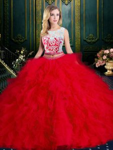 Latest Red Tulle Zipper Scoop Sleeveless Floor Length Quinceanera Gown Lace and Ruffles