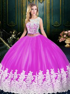 Modern Fuchsia Two Pieces Scoop Sleeveless Tulle Floor Length Zipper Lace and Appliques Sweet 16 Quinceanera Dress