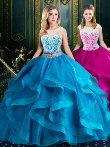 Baby Blue Two Pieces Scoop Sleeveless Tulle With Brush Train Zipper Lace and Ruffles Sweet 16 Dresses