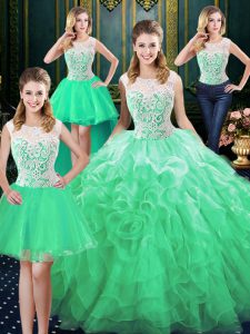 Fitting Four Piece Scoop Green Sleeveless Lace and Ruffles Floor Length Sweet 16 Quinceanera Dress