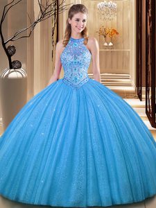 Fantastic Baby Blue Backless Quinceanera Dresses Embroidery Sleeveless Floor Length