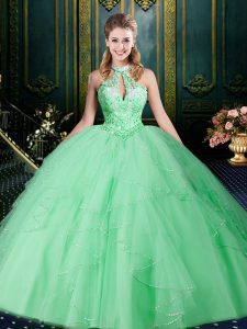 Sweet Apple Green Halter Top Neckline Beading and Lace and Ruffles and Ruching Sweet 16 Dresses Sleeveless Lace Up