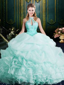 Halter Top Sleeveless Organza 15th Birthday Dress with Wigs Beading and Lace and Ruffles Brush Train Clasp Handle