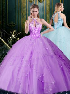 Custom Design Tulle Halter Top Sleeveless Lace Up Beading and Lace and Ruffles Quinceanera Dresses in Lavender
