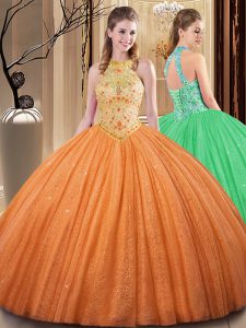 Backless Orange Sleeveless Embroidery and Hand Made Flower Floor Length Quinceanera Dress