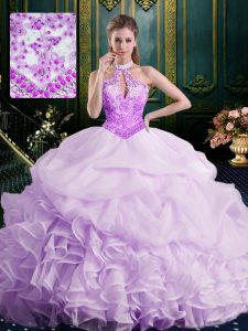 Fine Lavender Organza Lace Up Halter Top Sleeveless Vestidos de Quinceanera Brush Train Beading and Lace and Appliques and Ruffles and Pick Ups