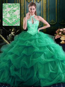 Great Dark Green Ball Gowns Organza and Tulle Halter Top Sleeveless Beading and Ruffles and Pick Ups Floor Length Lace Up Sweet 16 Quinceanera Dress