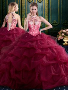 Stylish Halter Top Sleeveless Beading and Ruffles and Pick Ups Lace Up Vestidos de Quinceanera
