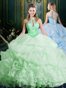 Elegant Halter Top Lace Up Sweet 16 Dress for Military Ball and Sweet 16 and Quinceanera with Beading and Lace and Appliques and Ruffles and Pick Ups Brush Train