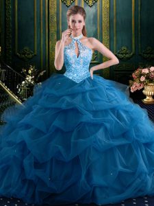 Fitting Halter Top Navy Blue Ball Gowns Beading and Pick Ups Sweet 16 Dresses Lace Up Tulle Sleeveless Floor Length