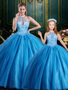 Halter Top Baby Blue High-neck Lace Up Beading and Appliques Quince Ball Gowns Sleeveless