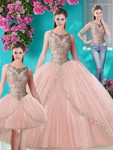 Eye-catching Three Piece Peach Lace Up Scoop Beading and Appliques Quinceanera Dresses Tulle Sleeveless