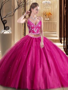 Fancy Spaghetti Straps Sleeveless Lace Up 15th Birthday Dress Hot Pink Tulle