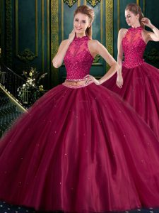 Colorful Burgundy Tulle Lace Up High-neck Sleeveless Floor Length Sweet 16 Quinceanera Dress Beading and Lace