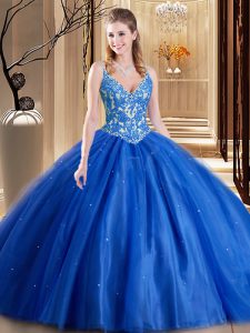 Blue Sweet 16 Dresses Military Ball and Sweet 16 and Quinceanera and For with Beading and Appliques Spaghetti Straps Sleeveless Lace Up