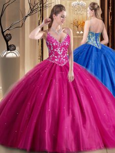 Hot Pink Ball Gowns Spaghetti Straps Sleeveless Tulle Floor Length Lace Up Beading and Appliques Sweet 16 Dresses