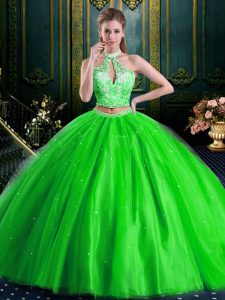 Customized Halter Top Floor Length Quinceanera Gowns High-neck Sleeveless Lace Up