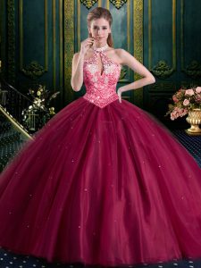 Halter Top Burgundy Sleeveless Tulle Lace Up Quinceanera Dresses for Military Ball and Sweet 16 and Quinceanera
