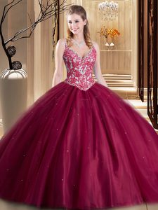 Stylish Beading and Lace and Appliques Quinceanera Gown Burgundy Lace Up Sleeveless Floor Length
