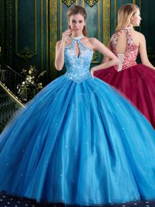 Halter Top Sleeveless Floor Length Beading and Lace and Appliques Lace Up Quince Ball Gowns with Baby Blue