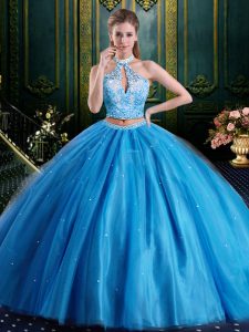 Halter Top Baby Blue Sleeveless Tulle Lace Up Ball Gown Prom Dress for Military Ball and Sweet 16 and Quinceanera