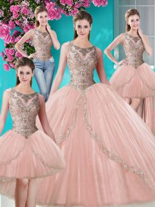 Four Piece Scoop Floor Length Peach Quinceanera Dresses Tulle Sleeveless Beading and Appliques