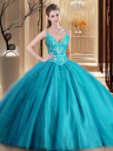 Graceful Spaghetti Straps Sleeveless Lace Up Vestidos de Quinceanera Teal Tulle