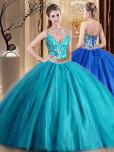 Spaghetti Straps Sleeveless Tulle Quinceanera Gown Beading and Lace and Appliques Lace Up