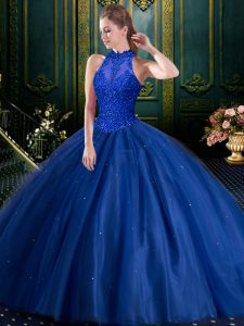 Exquisite Tulle High-neck Sleeveless Lace Up Beading and Appliques Vestidos de Quinceanera in Navy Blue